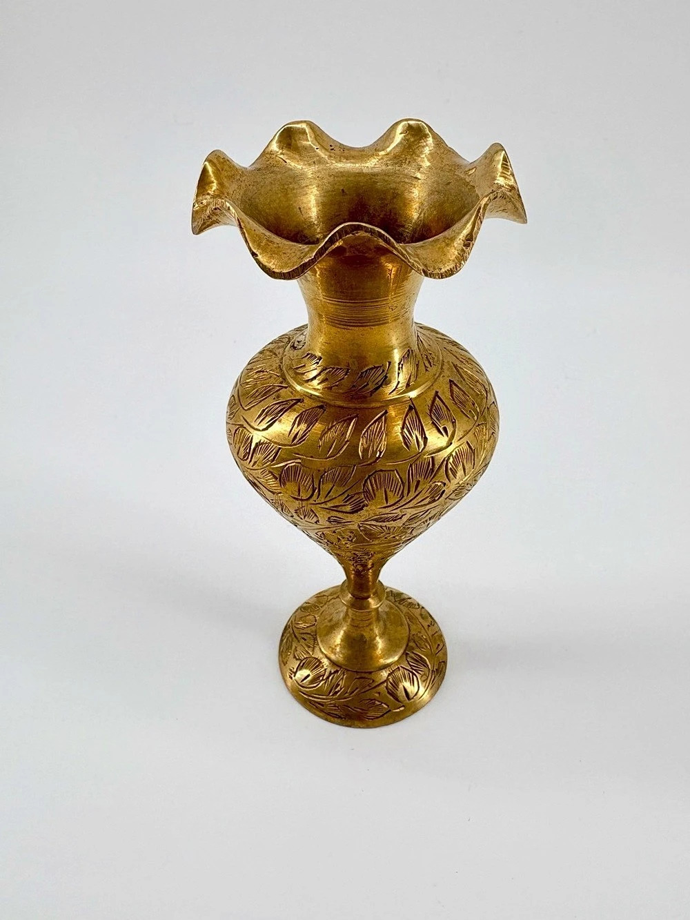 Vintage Etched 6" Solid Brass Bud Vase Ruffle Rim Floral Boho Hollywood Regency